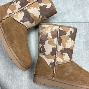 🍁UGG 🍁 CLASSIC SHORT JAGGED CAMO CHESTNUT WINTER BOOTS BROWN